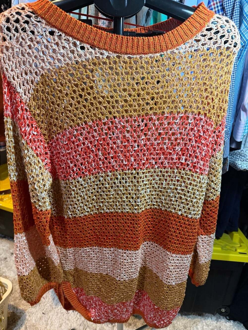 FP Beach Sweater Size M Pink Combo Striped Open Knit Long Sleeve and pants